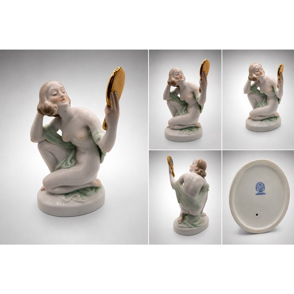 Vintage Herend Hungary Art Deco Nude Lady With Mirror Porcelain Figurine